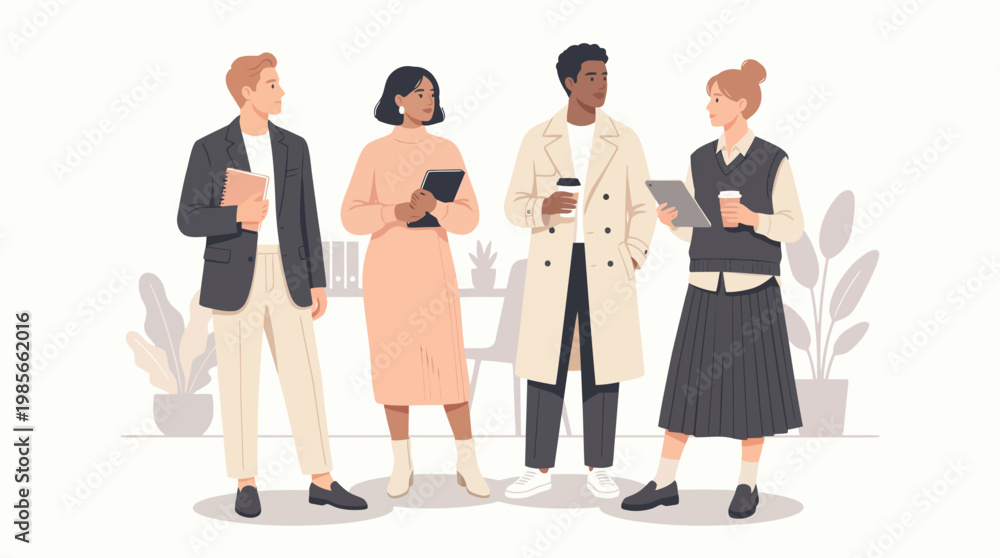 Fototapeta premium Diverse Stylish Young Professionals Standing Office Background Notebook Tablet Coffee Flat Vector Illustration