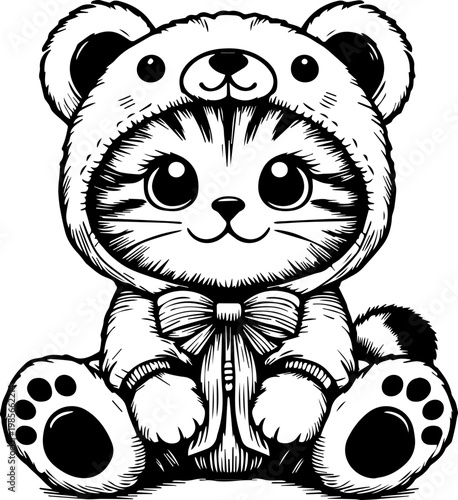 Adorable Kitten in Teddy Bear Onesie Coloring Page