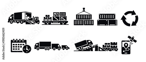 Trucks trains and container handling in logistics transport hub