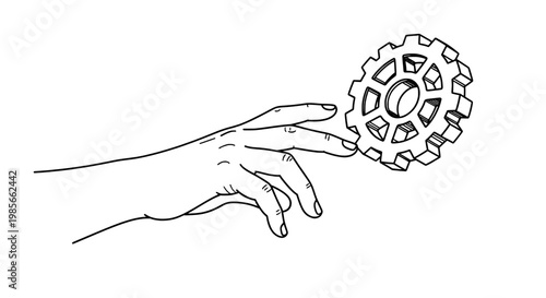 Gear wheel in hand technical handshake line icon, outline technology concept for engineering, mechanics and automation