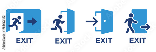 Running person exiting door icon set%3A emergency exit  logout  escape  and evacuation symbol