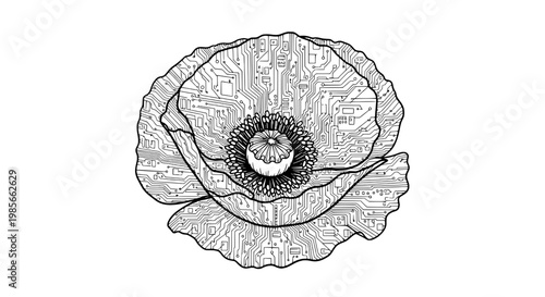 Brain circuit network diagram with microchip texture, etched line art, tech concept icon for artificial intelligence and analytics