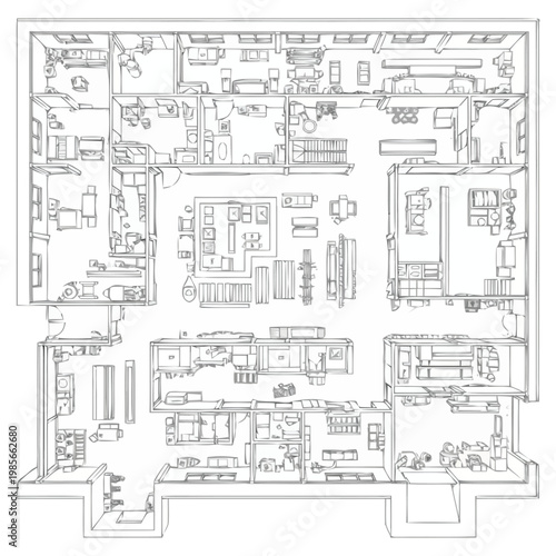 Architectural blueprint overhead view of a large residential dwelling with multiple rooms detailing interior spaces for living sleeping and working areas perfect for real estate development and
