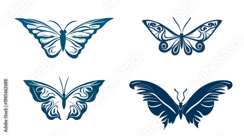 Four stylized butterfly illustrations in a dark blue hue against a white background