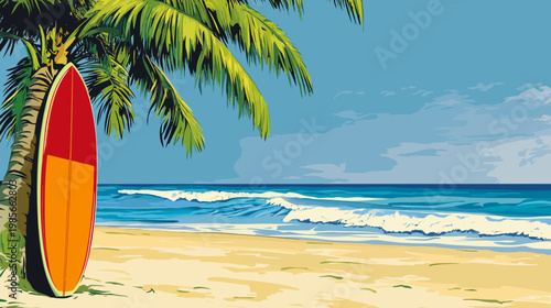 A vibrant illustration depicts a surfboard leaning against a palm tree on a sandy beach