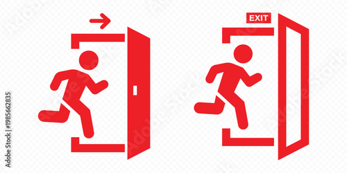Running person exiting door icon set%3A emergency exit  logout  escape  and evacuation symbol