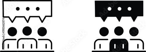 Minimalist group chat icons, black and white communication symbols, team discussion vector set, social media messaging icons for web design