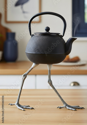Vertical Surrealist photorealistic art of a black Japanese tetsubin teapot with heron legs, steaming on a kitchen counter as if alive. Whimsical concept of an absurd morning tea routine.