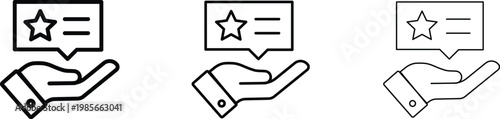 Customer feedback line icons set, hand holding review speech bubble with star, testimonial and rating vector symbols for business interface