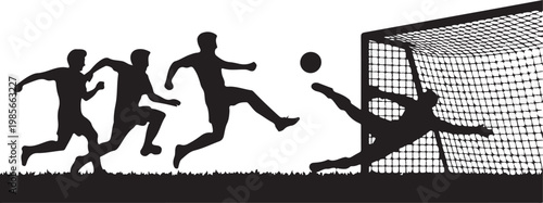Dynamic black silhouette illustration of soccer players in action with bicycle kick, goalkeeper save, running athletes, competitive football match scene emphasizing energy, teamwork, and