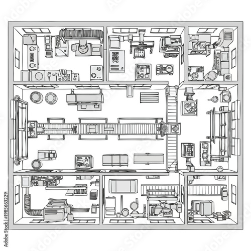 Detailed architectural blueprint of a spacious multi room dwelling showcasing various functional areas and furniture arrangements from an overhead perspective presenting a comprehensive floor