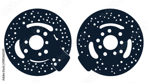 Two dark-blue, circular mechanical parts with irregular perforations and internal cutouts