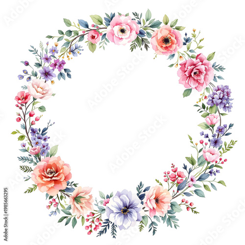 Elegant floral wreath design with various flower blossoms and leafy branches transparent background