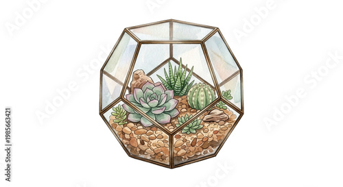 Watercolor Miniature Succulent Terrarium in a Faceted Glass Jar Clipart Vector