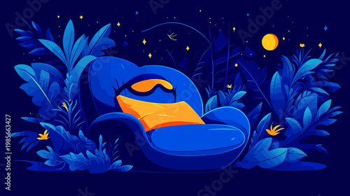 Digital illustration of a blue armchair with an orange pillow surrounded by blue foliage and night sky