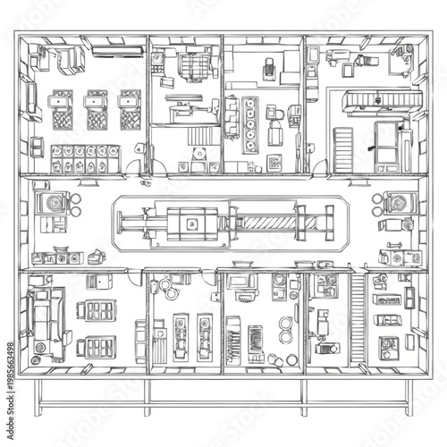 Detailed schematic architectural floor plan drawing of an industrial engineering laboratory facility with multiple workshop rooms scientific equipment and office spaces presented as a blueprint