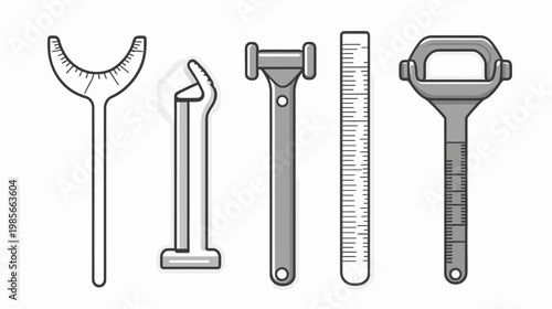 A collection of simple grey illustrations featuring various medical or scientific tools