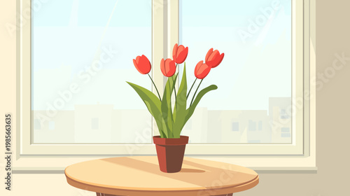 A cartoon illustration of a flower pot with red flowers on a wooden table, in front of window