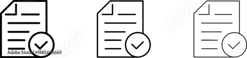 Minimalist document icon set with checkmark, approved paper file vector symbols, thin and bold line style office documentation graphics