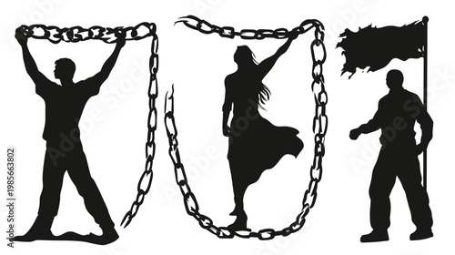 Silhouetted figures with chains, a flag, and a symbol of breaking free, representing struggle