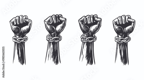 A grayscale illustration of four clenched fists, each adorned with chains on the wrist