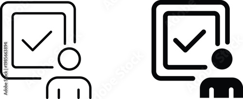 Minimalist user verification icon set, person profile with check mark symbol, human resource approval and candidate selection vector graphics