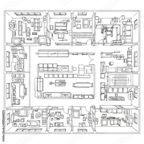Detailed overhead architectural blueprint depicting a large multi room residential dwelling with furniture layouts and interior space planning for home design considerations and real estate