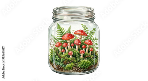 Cute Watercolor Mushrooms and Moss in a Glass Jar Clipart Vector