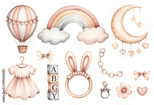 Baby girl nursery elements watercolor with bunny dress pram balloons and accessories.