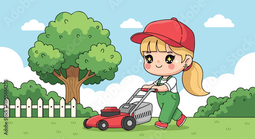 Cute cartoon girl with blonde hair in a red cap mowing the lawn with a push lawn mower in a sunny garden scene