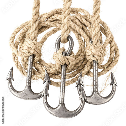 Three metallic anchors with nautical rope arrangement on transparent background