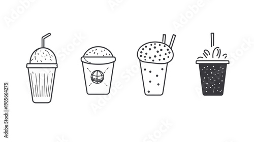 Four stylized, monochrome beverages in cups, depicted with various toppings and textures