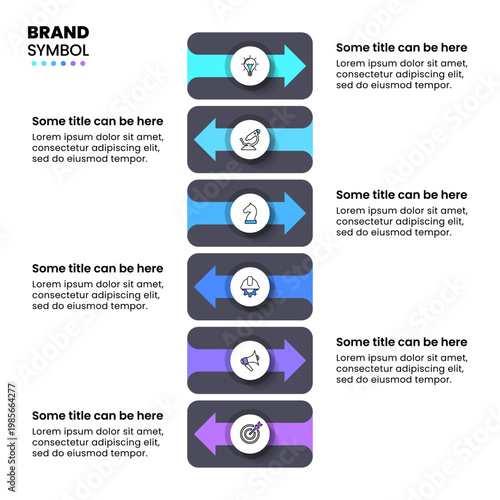Infographic template. 6 arrows with icons and text