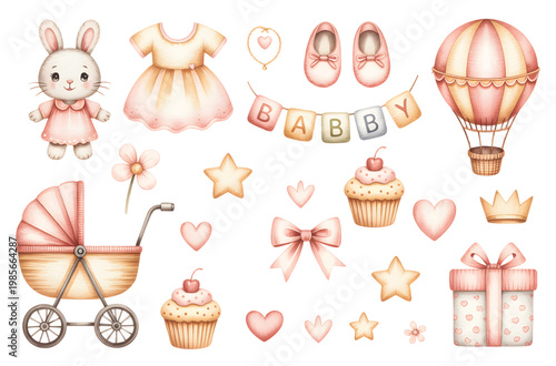 Baby girl nursery elements watercolor with bunny dress pram balloons and accessories.