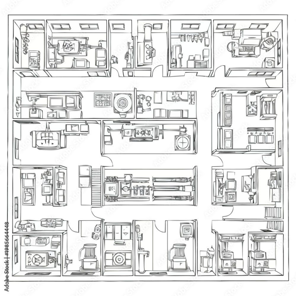 Fototapeta premium Detailed overhead drawing depicting a complex laboratory layout with multiple workstations scientific equipment and organized workspaces for research and development purposes showcasing