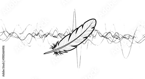 Feather tattoo sketch with ink line art, hand drawn crosshatch texture, and wavering musical waveform lines
