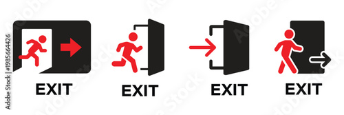 Set of green emergency exit signs with running man icons arrows and exit text showing safe evacuation routes and directions. Ideal for fire safety plans public buildings offices hospitals malls