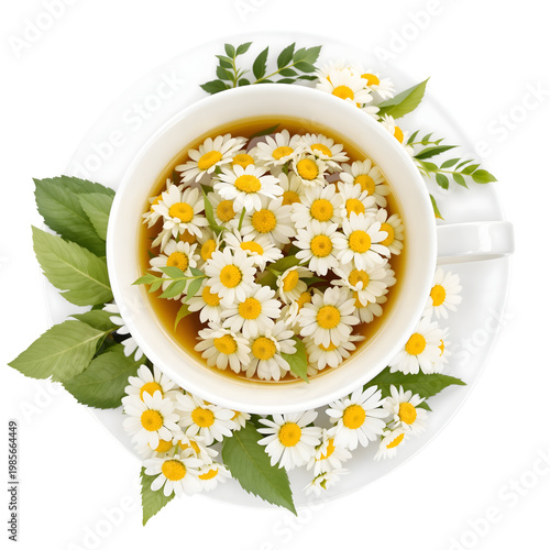 Chamomile tea cup with flowers on a white plate top view transparent background