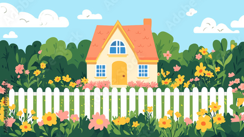 A charming, illustrated cottage nestled among vibrant flowers and lush greenery behind a picket fence