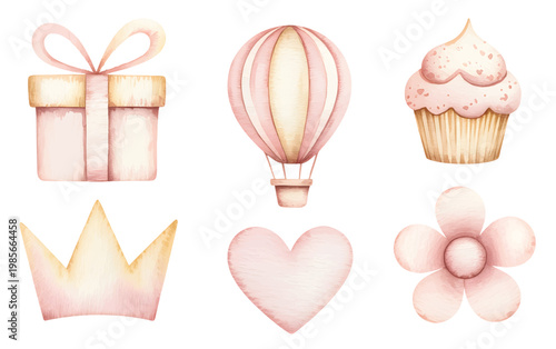 Watercolor baby girl icons set with gift balloon cupcake crown heart and flower.
