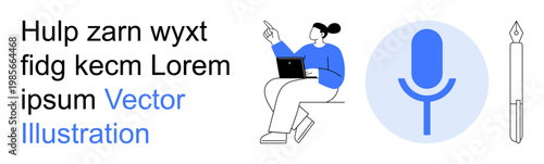 Remote work, speech recognition, creative writing, communication technology, podcasting, digital tools. Person working on a laptop, microphone graphic pen illustration. Remote work and speech