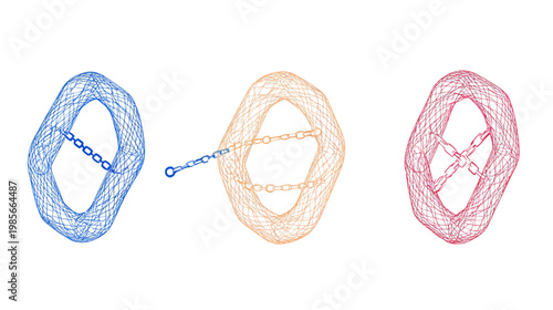 Three abstract, colored shapes resembling ovals with chains, arranged side by side