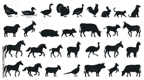 A comprehensive collection of black silhouettes representing a wide variety of farm animals and domestic pets, showcasing their distinct forms and postures.