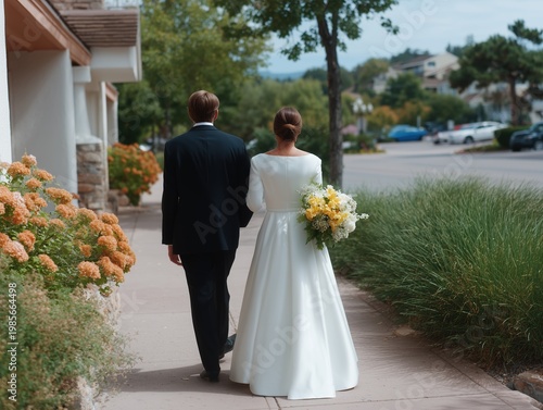 Newlywed couple walking away on a sunny sidewalk, holding hands, symbolizing love, marriage, new beginnings, commitment, and a shared future journey