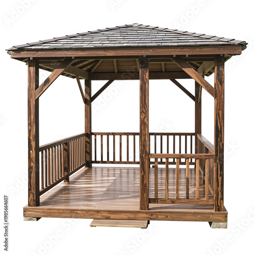 Wooden gazebo structure with transparent background for design and decoration