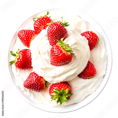 Fresh strawberries arranged on a bed of whipped cream in a white bowl against transparent background