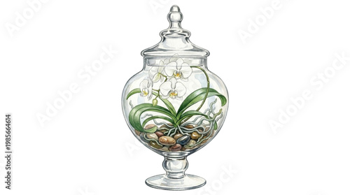 Watercolor White Orchid in a Glass Apothecary Jar Clipart Vector