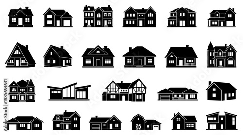 A collection of diverse house silhouettes, showcasing various architectural styles and designs.