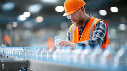 Factory employee checking water bottles on a production line, monitoring quality control in a modern beverage manufacturing plant