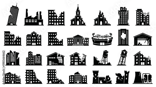 Collection of Silhouetted Damaged and Destroyed Buildings Representing Urban Devastation and Disaster.